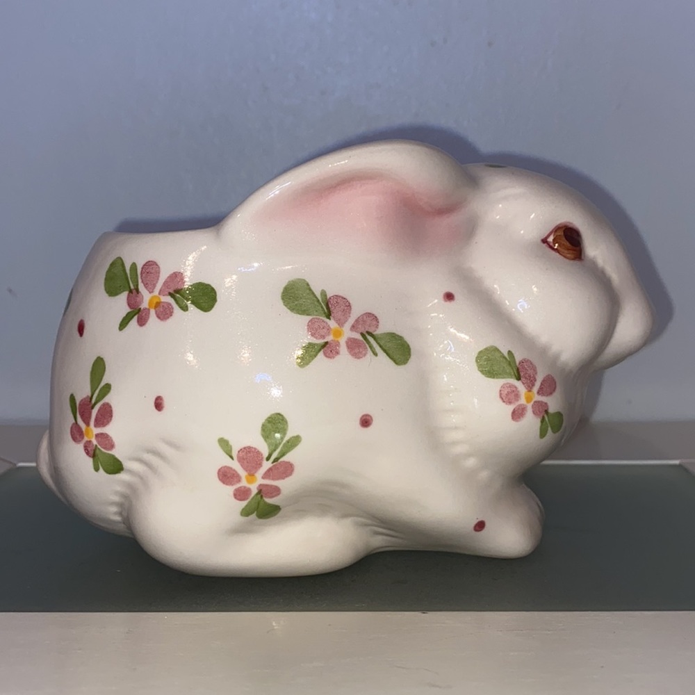 Vintage Avon Hand Painted Floral Glazed Ceramic Bunny Planter/Candle Holder-NIB